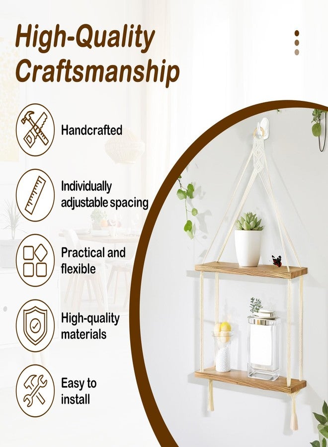 WATUNID Macrame Wall Hanging Shelves Boho Room Decor, 2 Tier Handmade Cotton Rope Rustic Wood Corner Floating Shelves with 2 Hooks, Decorative Hanging Storage Shelf for Living Room, Bathroom, Bedroom - Image 5